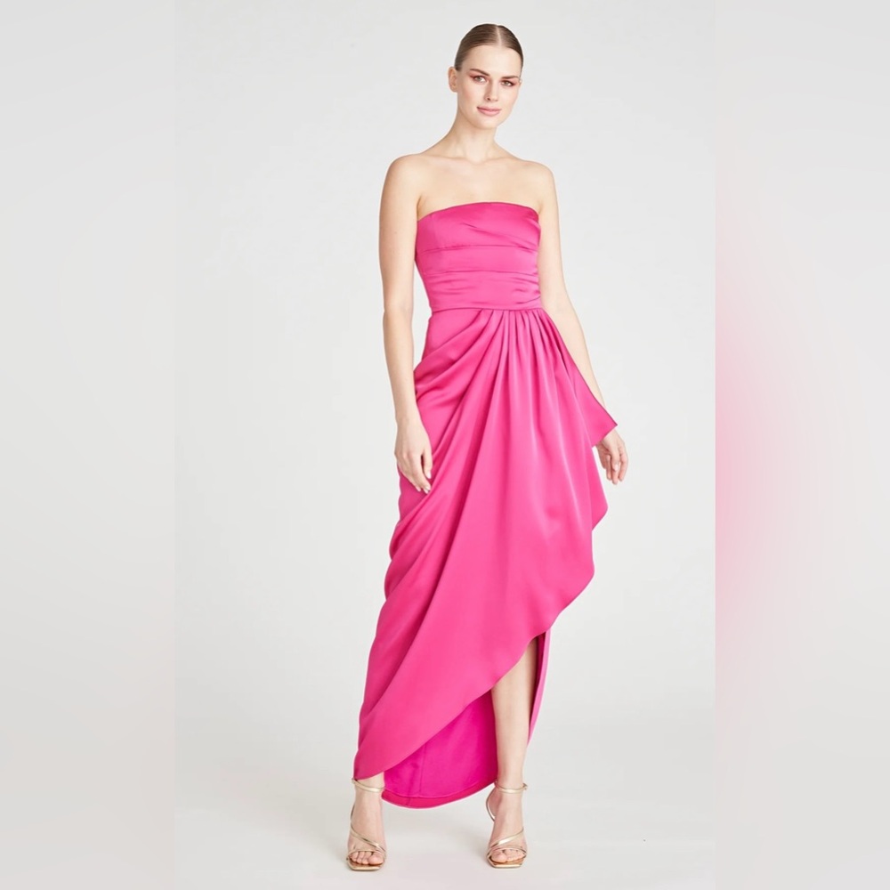 Theia Fuchsia Strapless Draped Satin Evening Gown